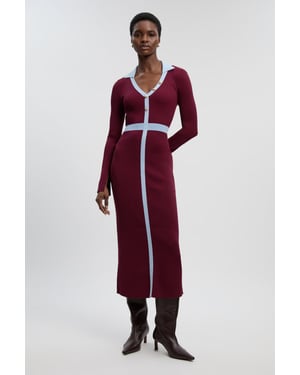 Knit Rib With Contrast Waist Detail Collared Midi Dress