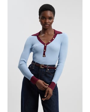 Knit Rib With Contrast Hem Detail Collared Top