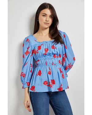 Blue Floral Square Neck Blouson Sleeve Top