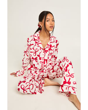 Petite Oversized Bow Print Long Sleeve Shirt & Trouser 3 Piece Pyjama Set