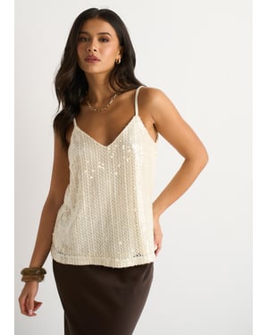Cream Sequin V Neck Cami Top