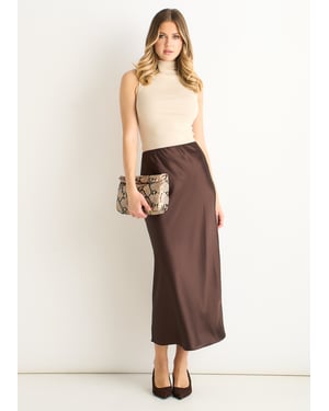 Chocolate Satin Bias Cut Midi Skirt