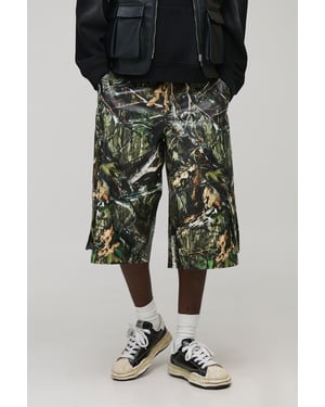 Baggy Fit Longline Printed Camo PU Jorts