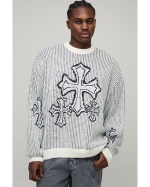 Tall Oversized Boxy Fluffy Cross Jacquard Knitted Jumper