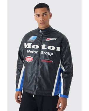 Oversized Mesh Panel PU Moto Jacket In Black