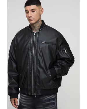 Tall Leather Look Double Zip Oversized MA1 Bomber Jacket