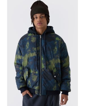 Oversized Abstract Print Hooded Bomber Jacket In Navy
