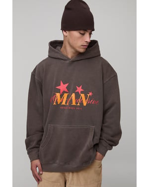 Washed Chocolate Oversized Man Star Printed Hoodie