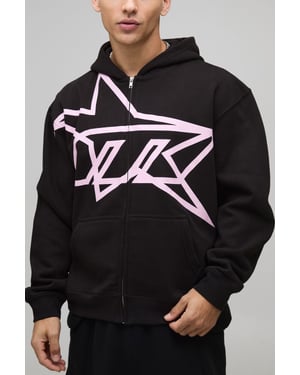 Oversized Boxy Star Printed Zip Through Hoodie
