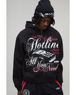 Black Oversized Boxy Hotline Graphic Zip Through Hoodie