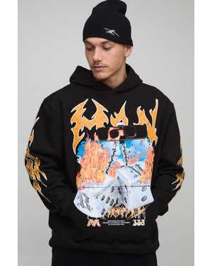 Black Oversized Dice Flame Printed Hoodie