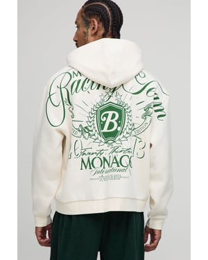 Ecru Oversized Boxy Over Seam Racing Team Printed Hoodie