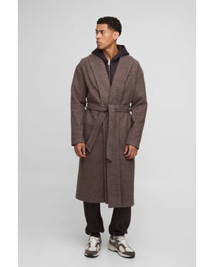 Single Breasted Shawl Collar Self Belted Longline Marl Melton Overcoat