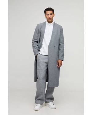 Oversized Longline Double Breasted Collarless Melton Overcoat