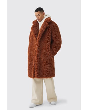 Oversized Longline Borg Overcoat In Brown