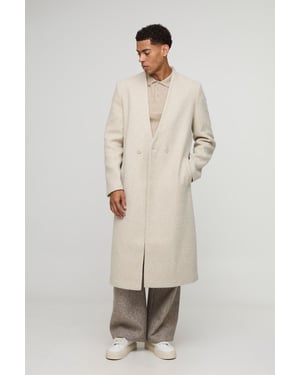 Oversized Longline Double Breasted Collarless Melton Overcoat