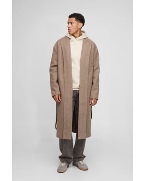 Single Breasted Shawl Collar Self Belted Longline Marl Melton Overcoat