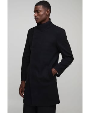 Funnel Neck Wool Look Overcoat in Black