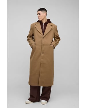 Oversized Overcoat With Faux Hooded Jersey Layer In Tan