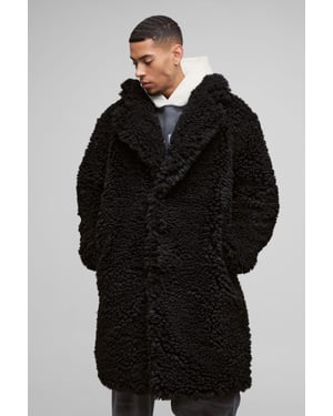 Oversized Longline Borg Overcoat In Black