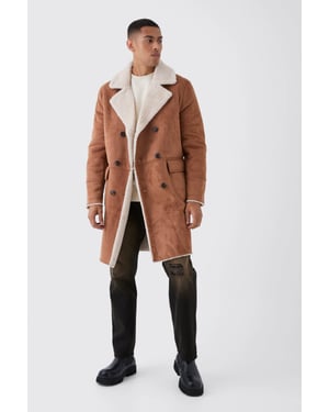 Borg Lined Double Breasted Overcoat in Tan