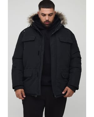 Plus Faux Fur Hooded Arctic Parka Jacket in Black