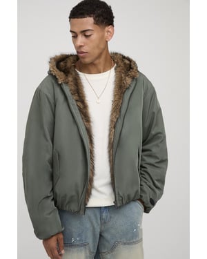 Oversized Faux Fur Trim Hooded Bomber Jacket
