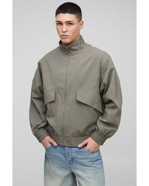 Oversized Boxy Pocket Detail Twill Funnel Neck Bomber Jacket