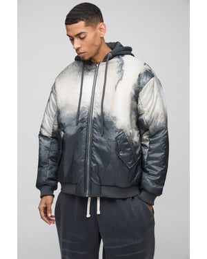 Oversized Abstract Print Hooded Bomber Jacket In Charcoal