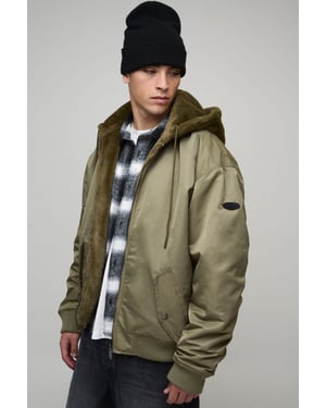 Oversized Faux Fur Hood Nylon Bomber Jacket