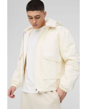 Oversized Borg Collar Twill Hooded Bomber Jacket