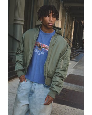 Oversized Boxy Curved Hem Hooded Nylon Bomber Jacket