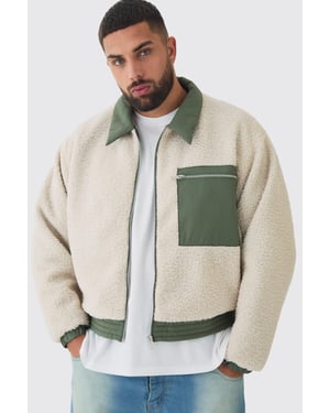 Plus Boxy Borg And Nylon Collared Bomber Jacket In Ecru