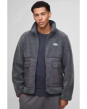 Regular Fit Two Tone Borg Nylon Mix Funnel Neck Zip Through Jacket