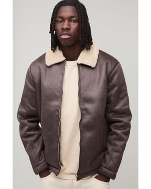 Faux Suede Aviator Jacket In Brown