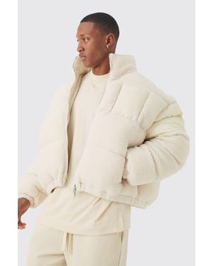 Borg & Nylon Funnel Neck Puffer In Ecru