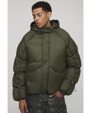 Oversized Fit Ruched Sleeve Panelled Puffer Jacket