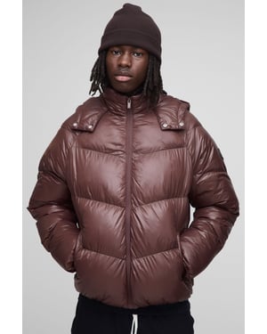 Regular Fit Sheen Panelled Hooded Funnel Puffer Jacket