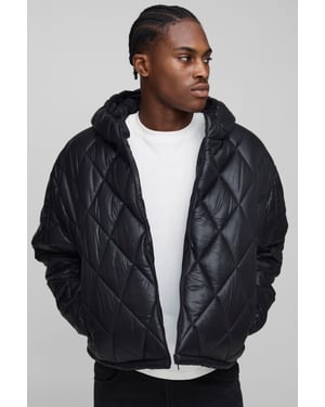 Oversized Boxy High Sheen Diamond Quilted Hooded Funnel Puffer Jacket