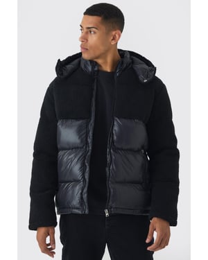 Borg and High Shine Hooded Puffer in Black