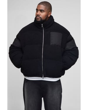 Plus Regular Fit Borg & Nylon Funnel Neck Puffer Jacket In Black