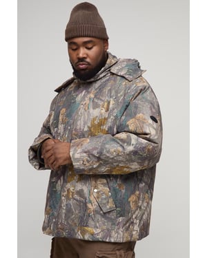 Plus Oversized Forest Camo Hooded Funnel Neck Puffer Jacket