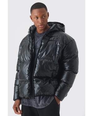 High Shine Hooded Quilted Puffer In Black