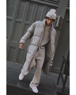 Oversized Crinkle Nylon Funnel Neck Longline Puffer Jacket