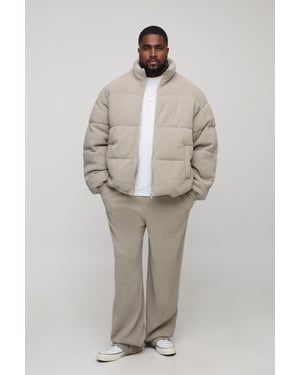 Plus Regular Fit Textured Faux Suede Funnel Neck Puffer Jacket