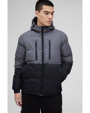 Colour Block Hooded Puffer in Charcoal