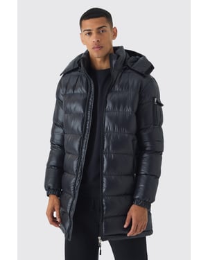 Longline High Shine Hooded Puffer Jacket in Black