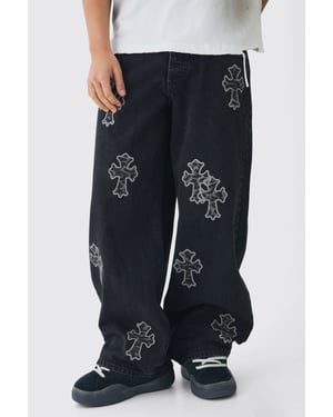 Baggy Rigid Leopard Cross Applique Denim Jeans