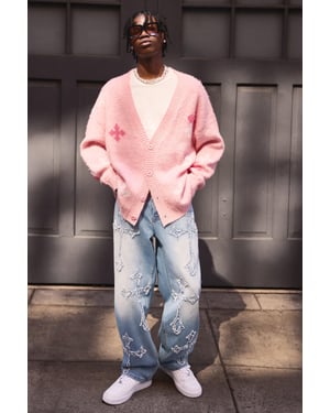 Baggy Rigid Washed Blue Cross Applique Jeans