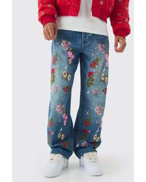 Baggy Fit Rigid Floral Embroidered Jeans